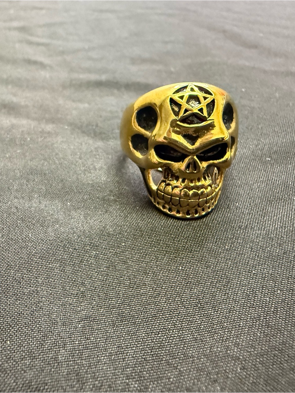 Gold Colored Steel Skull Ring with Pentagram Detail - Men Accessories Size 11